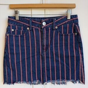 American Eagle Denim Mini Skirt Womens 4 Blue Red White Stripe High Rise Raw Hem